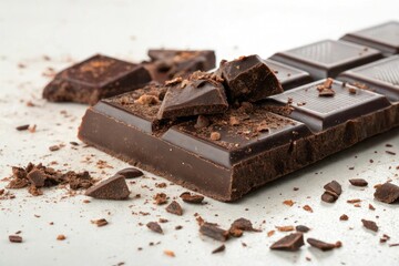 A chocolate bar with multiple pieces of broken chocolate scattered on top, indulgence, broken chocolate, cocoa, snack, chocolate lovers
