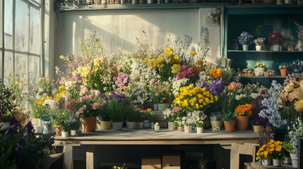 カラフルな花のディスプレイのイメージ、花屋