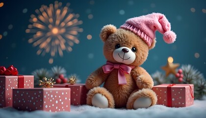 Festive Teddy Bear Amidst Christmas Gifts and Fireworks
