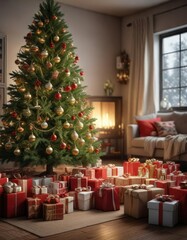 A Christmas tree with numerous presents scattered around it, ornaments, holiday cheer