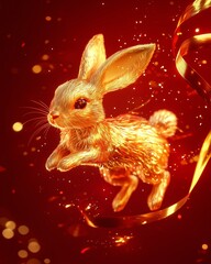 Golden Rabbit Lunar New Year Poster - 3D Zodiac Design for Festive Posters and Calendar Art.