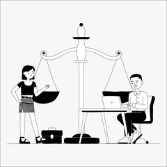 Man and woman discussing legal matters near scales of justice in flat vector illustration symbolizing law, balance, and justice, isolated on white background.