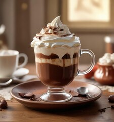 A clear glass cup filled with thick and creamy hot chocolate topped with a generous dollop of whipped cream , clear glass, beverage, indulgent