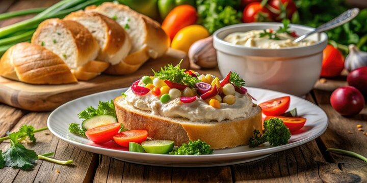 Night's embrace:  A vibrant salad and creamy dip nestled on a crisp white plate.
