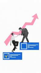 Businessman helping colleague climb steps towards an upward arrow, symbolizing teamwork, career...