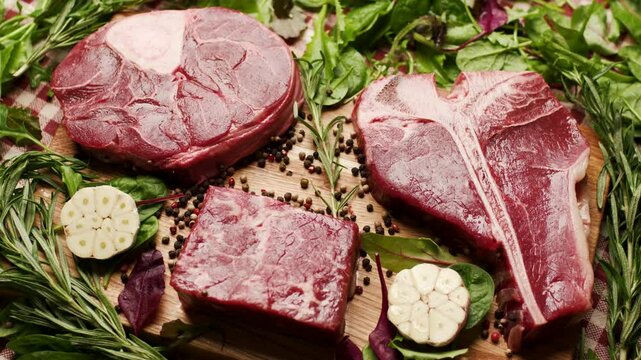 Different types of raw beef steaks, including T-bone and Osso Buco cuts, displayed on a rustic wooden table. Perfect for culinary, cooking, or butcher-related content