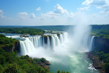 Fototapeta premium Iguazu Falls on the border of Argentina and Brazil with majestic cascades representing a natural wonder 