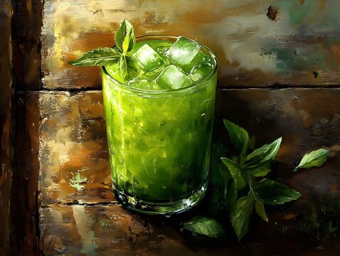 Close-up of refreshing lemonade with ice cubes and mint leaves on a rustic wooden table.