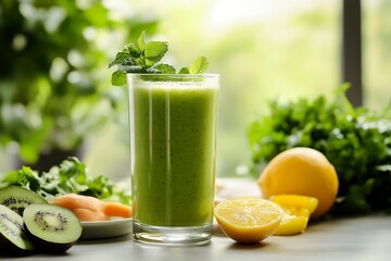 Transparent glasses with fresh juice, juicer and ripe fresh fruits. Making fresh juice, side view,...