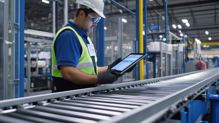 Industrial supervisor wearing safety vest and helmet using digital tablet while controlling production line in modern factory, checking work process and managing manufacturing operations