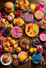 vibrant showcase colorful junk food spreads featuring bright cheerful tempting snacks perfect any indulgent gathering, dessert, candy, cake, ice, cream