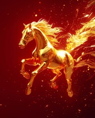 Golden Horse Lunar New Year Poster - 3D Zodiac Design for Festive Posters and Calendar Art.