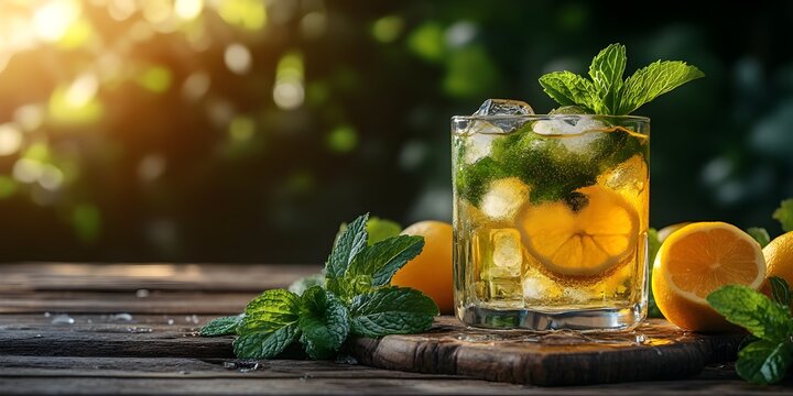 Close-up of refreshing lemonade with ice cubes and mint leaves on a rustic wooden table.