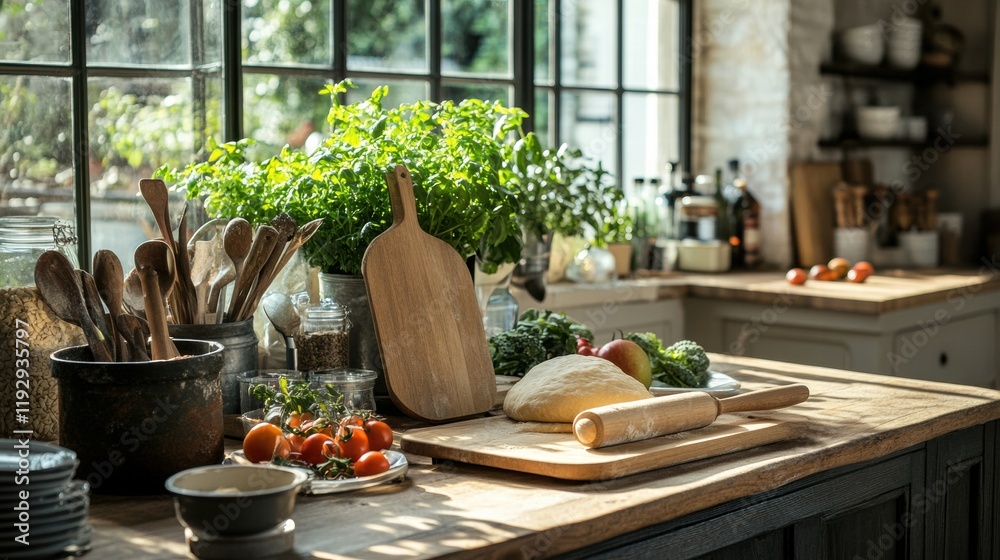 Poster Rustic kitchen table ready for baking with fresh ingredients and wooden tools in a sunny, inviting atmosphere. Generative AI