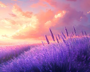 A serene lavender field under a colorful sunset, with vibrant purple flowers swaying gently in the breeze and a sky filled with soft clouds.