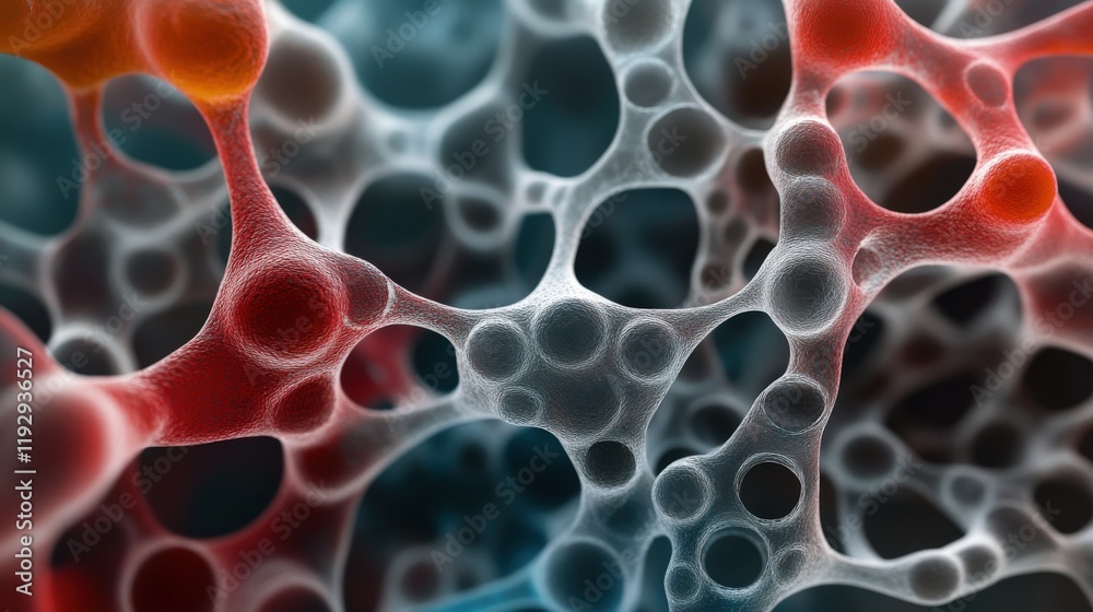 Poster Abstract Representation of Colorful Cells and Structures in a Scientific Context, Highlighting Intricate Designs and Bubbles in Vivid Hues of Red, Blue, and White