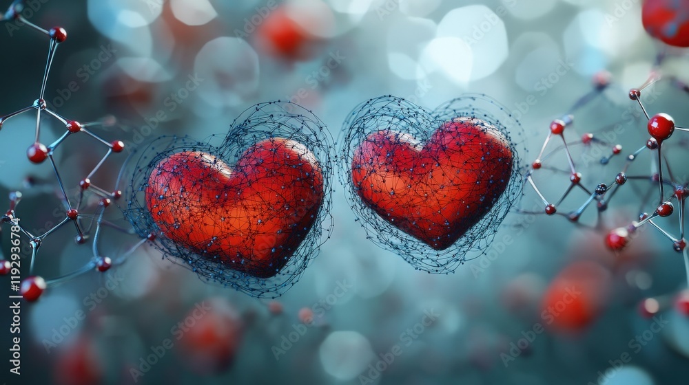 Poster two interconnected red hearts surrounded by abstract molecular structures against a dreamy blue back