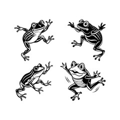 four frogs are dancing on a white background