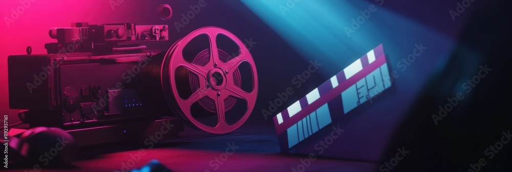 Leinwandbilder retro film projector with reels and clapperboard creates nostalgic cinematic atmosphere in dimly lit