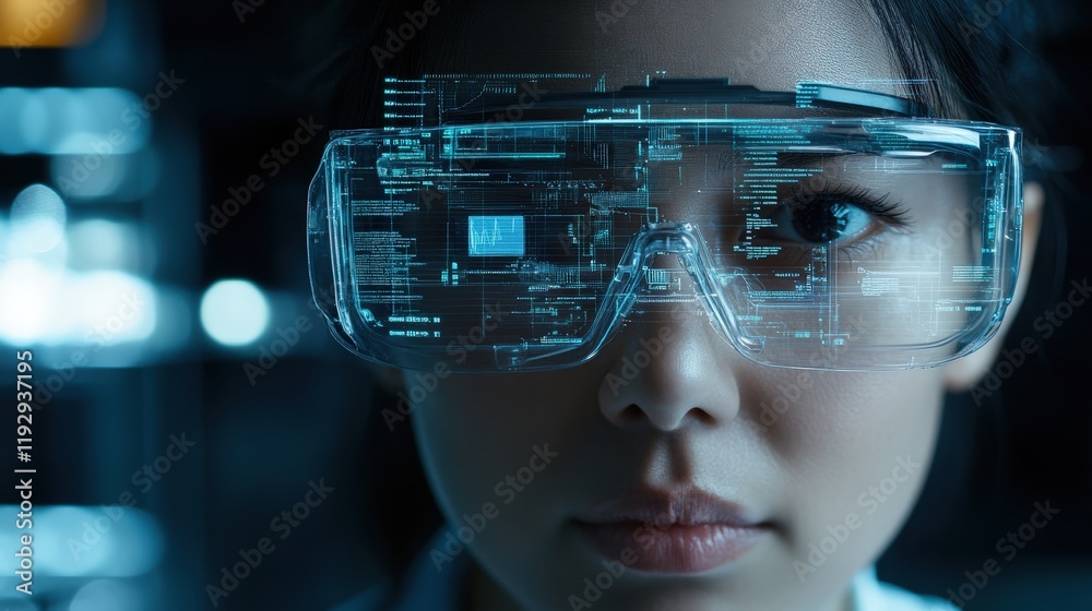 Aufkleber Close-up of a Female Scientist Wearing Augmented Reality Glasses with Digital Interface Displaying Data and Information in a High-Tech Laboratory Environment
