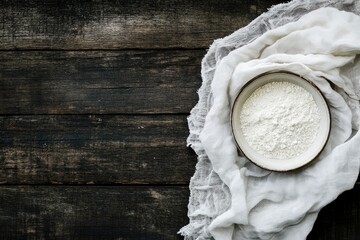 White bowl of ashes and white linen on dark wood with copy space 