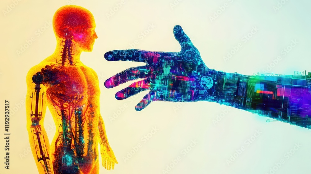 Poster a vibrant interaction between human anatomy and digital technology, representing the fusion of biolo