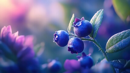 Close-up of ripe blueberries on a branch with leaves under sunlight
