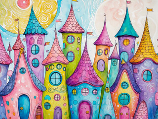 Obraz premium Whimsical illustration of colorful fantasy houses with playful shapes and vibrant details under a bright sun.