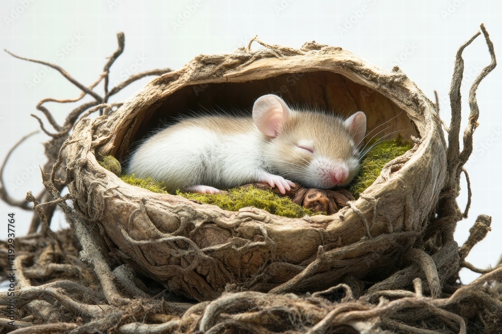 Aufkleber Sleeping mouse nestled in a cozy nest made of twigs and moss during a calm afternoon in a woodland setting. Generative AI