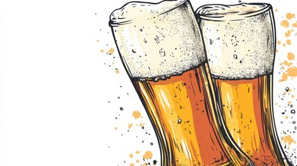 Two Sketch Style Beer Glasses Clinking Together with Foamy Tops Against a Light Background for Celebration and Enjoyment Themes