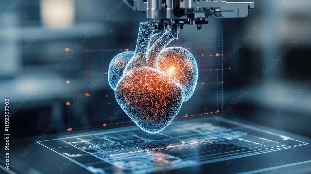 Poster Futuristic Technology Visualizing a 3D Heart Model with Digital Graphics and Robotic Manipulation in a Laboratory Setting for Medical Innovations and Research