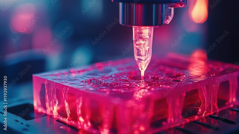 Poster Close-up of Advanced Resin Printer Creating Vibrant Pink Object in High-Tech Laboratory Environment with Play of Light and Shadows