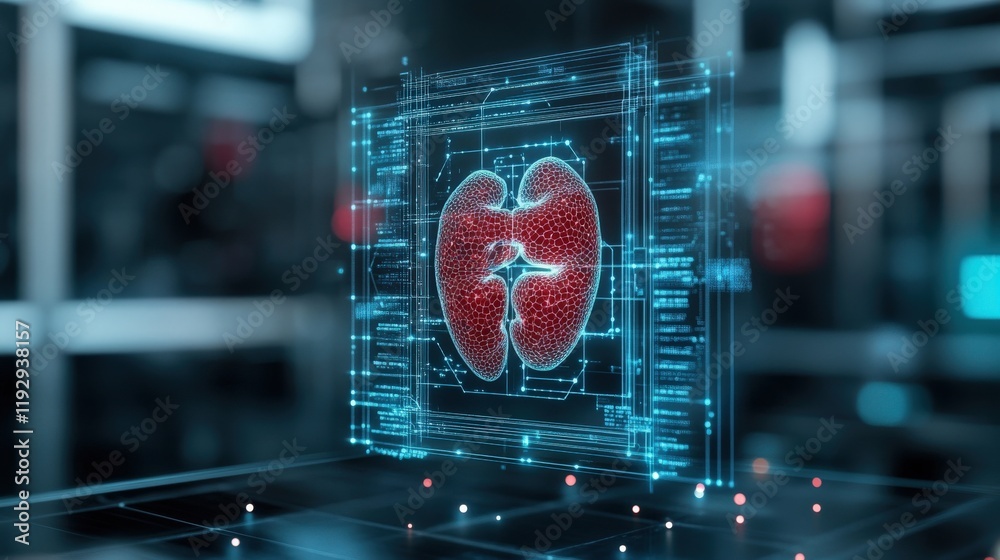 Poster High-Tech Digital Representation of Human Kidney in Futuristic Medical Environment with Graphical User Interface Elements and Data Visualization