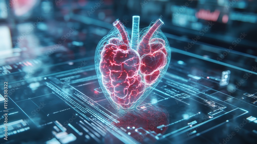 Poster Futuristic Digital Heart Visualization with Neon Glow and Technological Elements for Health and Science Concepts