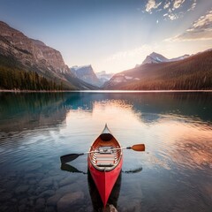 Fototapeta premium Lone canoe on beautiful lake with calm waters