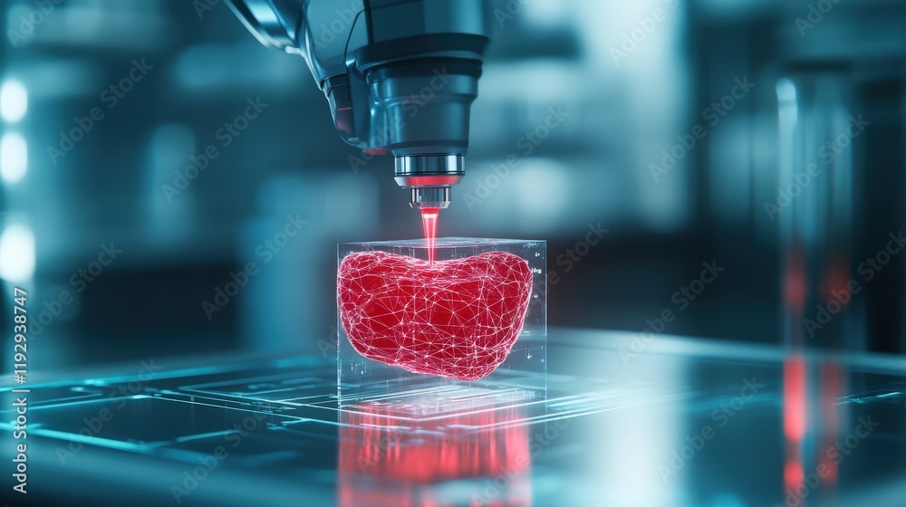 Poster Futuristic Medical Technology Concept Featuring Robotic Arm Printing Red Heart Model with Advanced Laser Techniques in a High-Tech Laboratory Environment