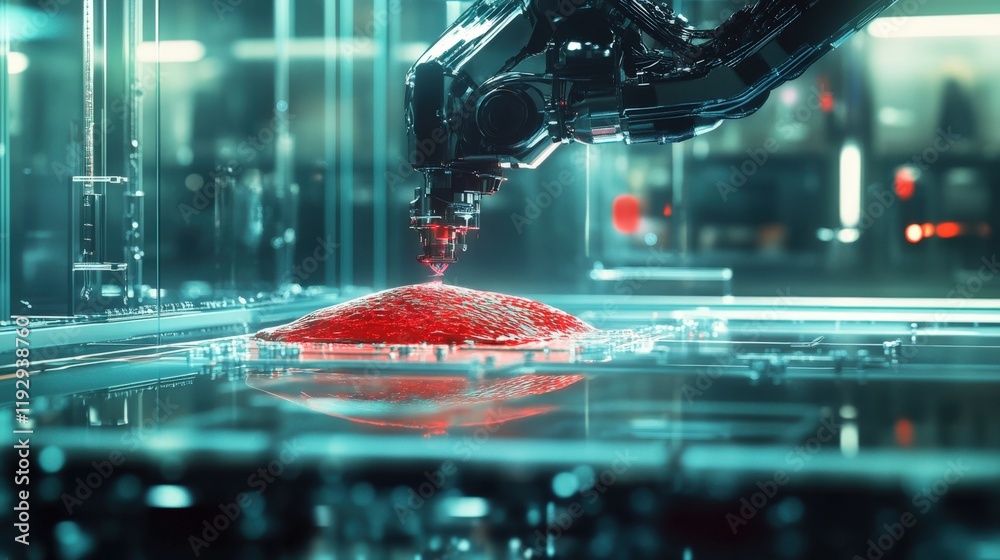 Poster Advanced Robotic Arm Precision Crafting Red Substance in High-Tech Laboratory Environment with Futuristic Aesthetics and Precision Engineering Elements