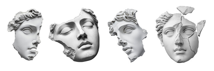 Ancient greek sculpture face artifact. Broken fragment of antique statue head. Design elements