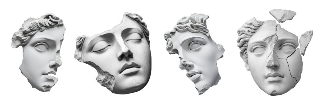 Ancient greek sculpture face artifact. Broken fragment of antique statue head. Design elements