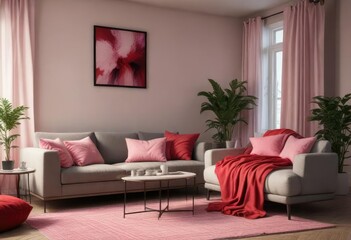 A Cozy Living Room with Red and Pink Throws and Pillows, pillows, inviting, pink