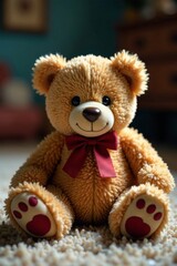 Teddy bear on carpet, muted colors, soft focus, dim lighting, lonely teddy bear, comfort object, empty living room