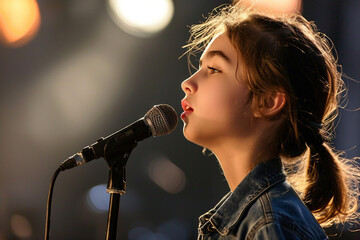 A young child performing on stage under lights generative ai image