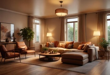 A cozy living room with warm lighting and comfortable seating, home decor , seasonal theme, natural textures