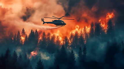 Fototapeta premium A helicopter equipped with firefighting gear, such as a water bucket or hose flying above a forest engulfed in flames, surveying the fire-damaged area, Technology and environmental crises 