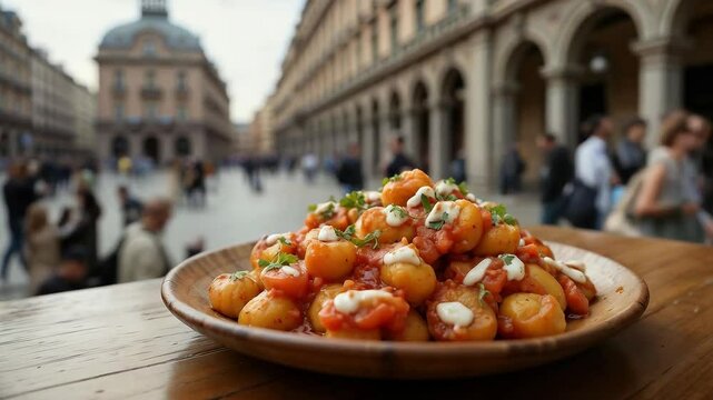 Plato de &ntilde;oquis con salsa de tomate y queso en una plaza urbana