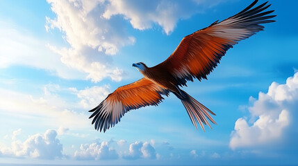 Obraz premium Majestic Bird Soaring in Bright Blue Sky with Fluffy Clouds