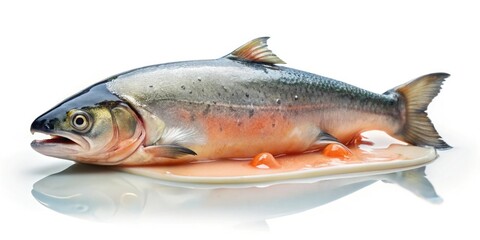 A large puddle of slime on a white background with a small salmon fish at the center and slime dripping from it, body, nature, slow motion, texture