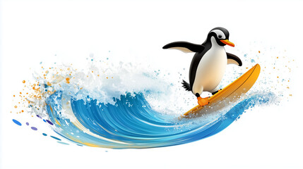 Fototapeta premium Cheerful Penguin Surfing on Waves in Bright Ocean Colors