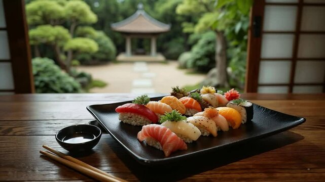 Bandeja de sushi variado con jard&iacute;n japon&eacute;s de fondo