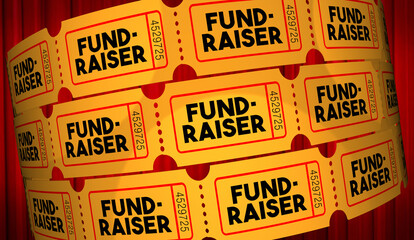 Fundraiser Tickets Roll Buy Enter to Win Now Drawing for Charity Spotlight Red Curtains 3d Illustration